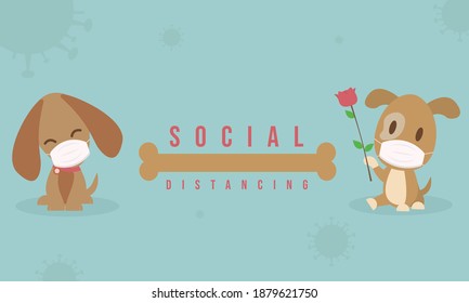 Dogs wear masks for protect covid19 Virus and social distancing. 
Dogs wear masks background concept new normal and Valentines day theme. vector illustrstion.cute animal wear masks 

