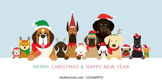 Dogs Wearing Christmas Costume Holding Banner, Winter and New Year Celebration