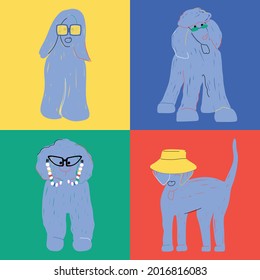 Dogs wearing sunglasses and hat. Puppys on colorful background. Hand drawn vector illustration. 