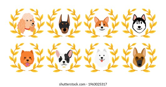 Dogs winner avatars. Diverse breeds portraits in golden wreaths. Cute cartoon dog, corgi doberman shepherd vector set