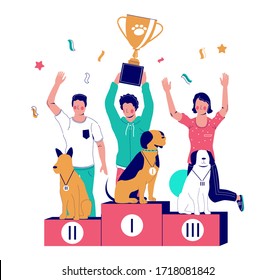 Dogs With Winning Medals Sitting On Winner Pedestal And Their Happy Owners Celebrating Victory, Vector Flat Illustration. Dog Contest, Show, Exhibition Concept For Poster, Banner Etc.