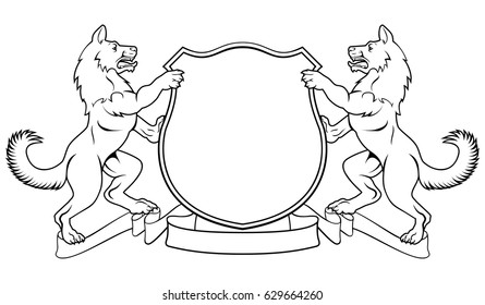 Dogs or wolves crest coat of arms heraldic shield with dog or wolf on each side flanking rampant on hind legs