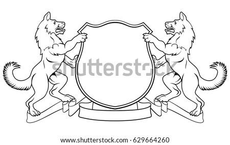 Dogs or wolves crest coat of arms heraldic shield with dog or wolf on each side flanking rampant on hind legs