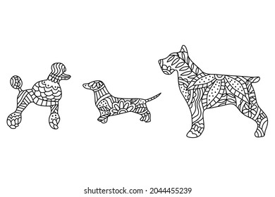 Dogs zentangle stylized, vector, illustration, freehand pencil, hand drawn, pattern. Zen art. Black and white illustration on white background.