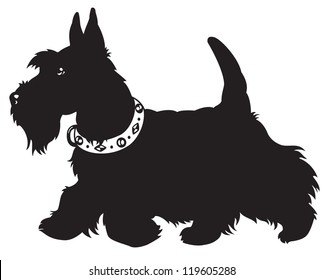 dog,scottish terrier,black and white vector picture isolated on white background,side view image