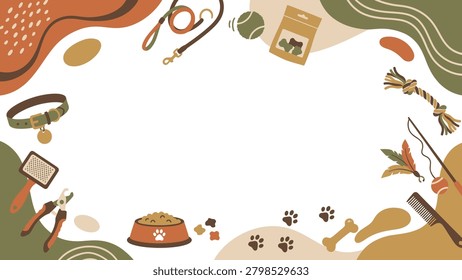 Dog-themed decorative border frame with paw prints, bone, leash, collar, bowl and toys - vector illustration