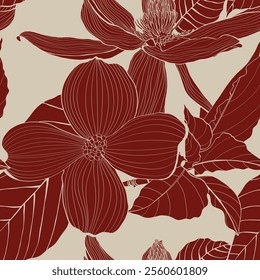 Dogwood branch with flowers, magnolia seamless pattern. Cornus florida.  Line drawing. Black background.