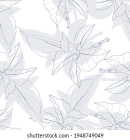 Dogwood branch with leaves seamless pattern. Cornus florida.  Line drawing. Light grey blue background.
