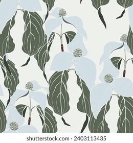Patrón sin costuras de dogwood. Patrón vectorial dibujado a mano con motivos de flor de madera de perro. Textura con mano botánica. 