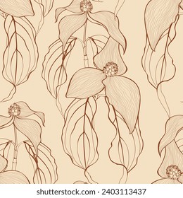 Patrón sin costuras de dogwood. Patrón vectorial dibujado a mano con motivos de flor de madera de perro. Textura con mano botánica. 