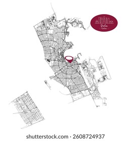 Doha capital city of Qatar,Urban Streets Roads Map with city center location pin, illustration vector element image 