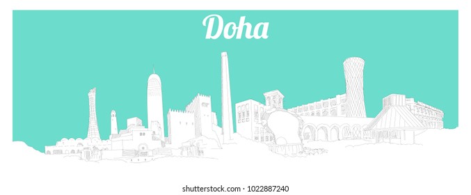 DOHA city hand drawing panoramic sketch illustration