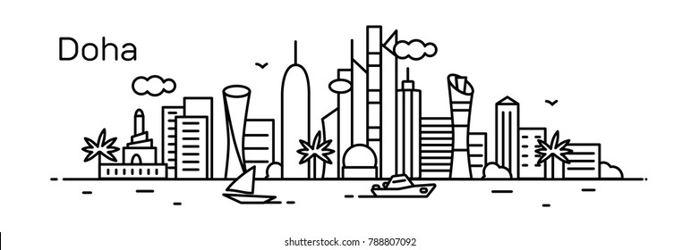 Doha city. Modern flat line style. Vector illustration