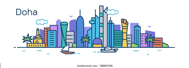 Doha city. Modern flat line style. Vector illustration