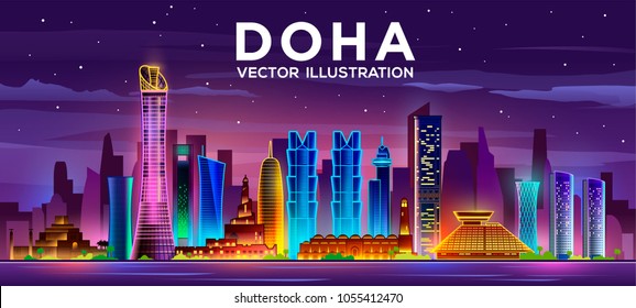 	
Doha city night skyline. The capital of the country is Qatar. Vector illustration