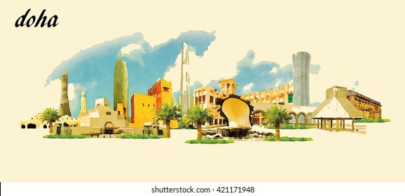 DOHA city panoramic vector water color illustration     