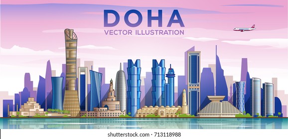 Doha city skyline. The capital of the country is Qatar. Vector illustration