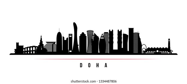 Doha city skyline horizontal banner. Black and white silhouette of Doha city, Qatar. Vector template for your design. 