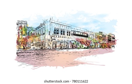 Doha City skyline, Qatar. Watercolor splash with hand drawn sketch in vector illustration.