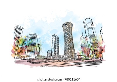 Doha City skyline, Qatar. Watercolor splash with hand drawn sketch in vector illustration.