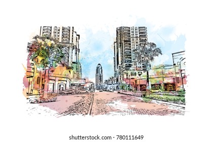 Doha City skyline, Qatar. Watercolor splash with hand drawn sketch in vector illustration.