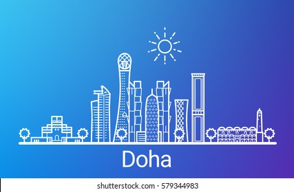 Doha city white line on colorful background. All Doha buildings - customizable objects with opacity mask, so you can simple change composition and background. Line art.