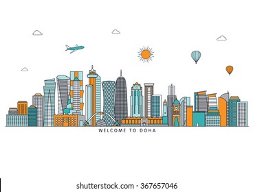 Doha detailed skyline. Vector line illustration. Line art style