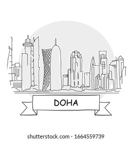 Doha Hand-Drawn Urban Vector Sign. Black Line Art Illustration with Ribbon and Title.