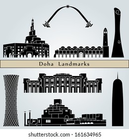 Doha landmarks and monuments isolated on blue background in editable vector file