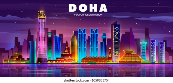 	
Doha night skyline (Qatar). Vector illustration. Business travel and tourism concept with modern buildings. Image for banner or web site.