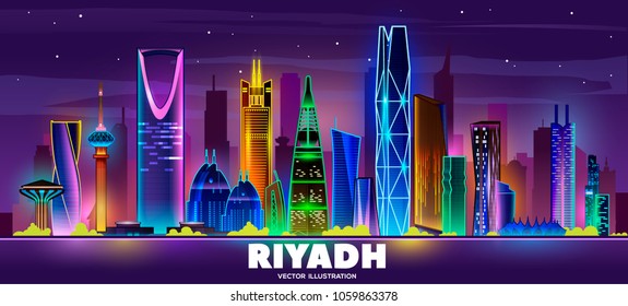 Doha night skyline (Qatar). Vector illustration. Business travel and tourism concept with modern buildings. Image for banner or web site.