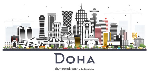 Doha Qatar City Skyline with Color Buildings Isolated on White. Vector Illustration. Business Travel and Tourism Concept with Modern Architecture. Doha Cityscape with Landmarks.