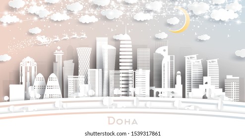 Doha Qatar City Skyline in Paper Cut Style with Snowflakes, Moon and Neon Garland. Vector Illustration. Christmas and New Year Concept. Santa Claus on Sleigh.