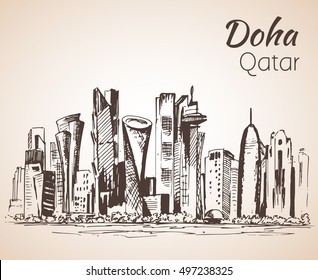 Doha, Qatar city view sketch. Isolated on white background