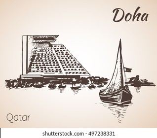 Doha, Qatar city view sketch. Isolated on white background