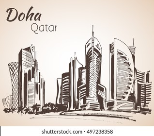 Doha, Qatar city view sketch. Isolated on white background