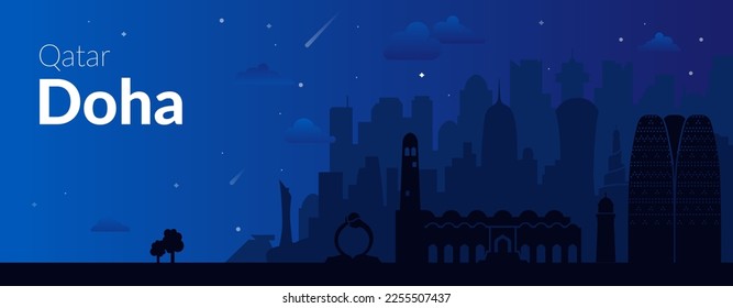 Doha, Qatar famous city night view banner.