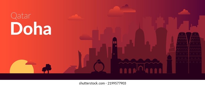 Doha, Qatar famous city sunset view banner.