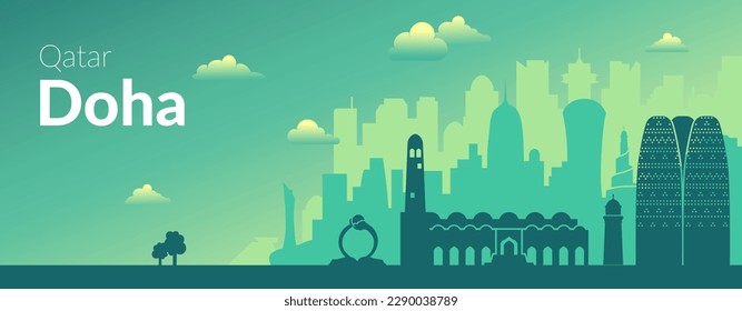 Doha, Qatar famous city view banner.