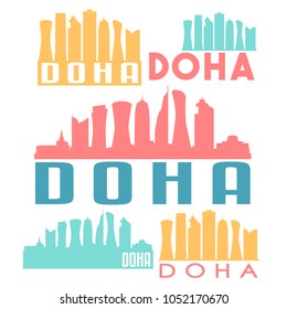 Doha Qatar Flat Icon Skyline Vector Silhouette Design Set Logo.