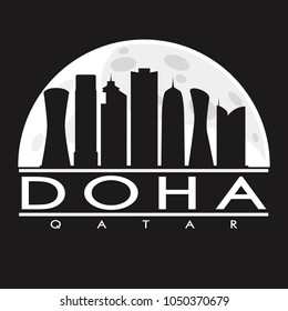 Doha Qatar Full Moon Night Skyline Silhouette Design City Vector Art Logo.