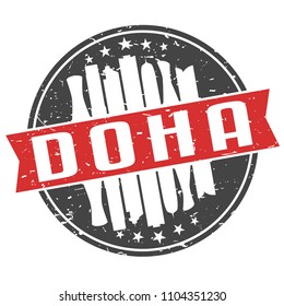 Doha Qatar Round Travel Stamp Icon Skyline City Design Seal Badge illustration Clipart.