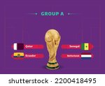 Doha, Qatar - September 11, 2022: Football cup, Qatar 2022. List of countries in Group A with flags and the trophy of the world cup.