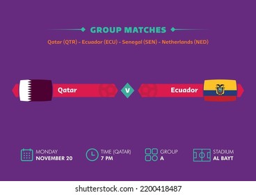 Doha, Qatar - September 11, 2022: Football world cup, Qatar 2022. Match schedule of Qatar vs Ecuador with flags. World cup.