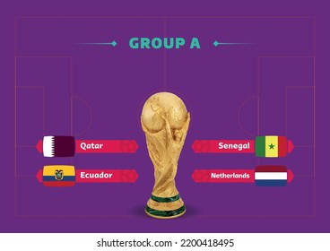 Doha, Qatar - September 11, 2022: Football cup, Qatar 2022. List of countries in Group A with flags and the trophy of the world cup. - Shutterstock ID 2200418495