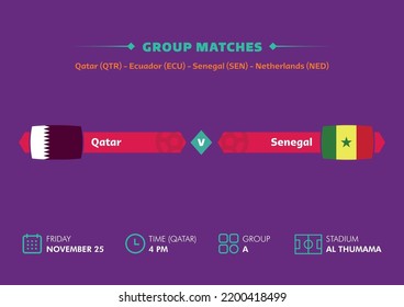 Doha, Qatar - September 11, 2022: Football world cup, Qatar 2022. Match schedule of Qatar vs Senegal with flags. World cup.