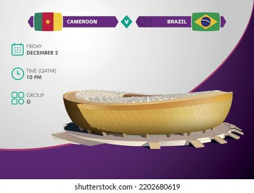 Doha, Qatar - September 16, 2022: Qatar World Cup 2022 Stadium. Lusail Iconic Soccer Stadium, Vector Building With Match Schedule Of Cameroon Vs Brazil. World Cup.