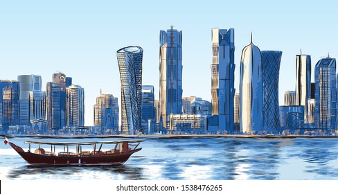 Doha Qatar skyline buildings with Qatar traditional boat in vector line art with basic colors