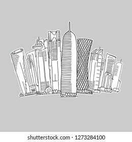 Doha Qatar skyline drawing. Hand-drawn vector illustration. Famous travel destinations series.