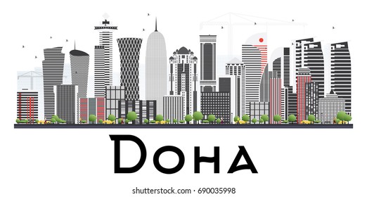 Doha Qatar Skyline with Gray Buildings Isolated on White Background. Vector Illustration. Business Travel and Tourism Concept.